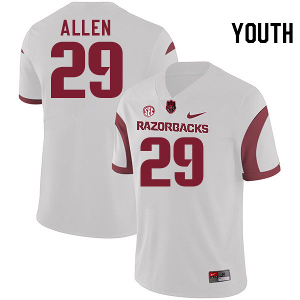 Youth #29 Jaden Allen Arkansas Razorbacks College Football Jerseys Stitched-White